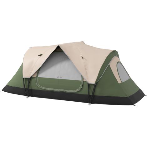 Tente de camping 6 personnes avec 2 chambres séparées, polyester et fibre de verre, 450 x 215 x 180 cm, vert foncé