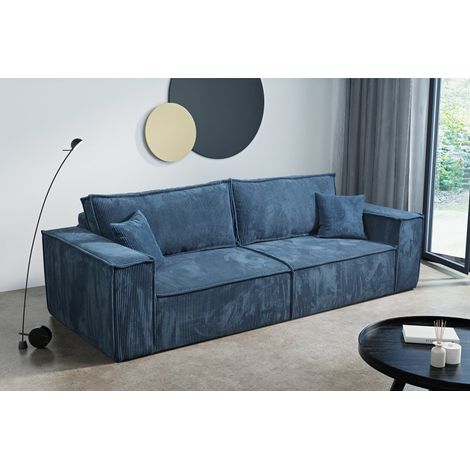 Tendencio – Canapé convertible 3 places VELLA en velours côtelé bleu – Longueur 255 cm – Profondeur 105 cm – Design moderne