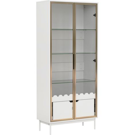 Armoire haute avec portes en verre, étagères réglables en hauteur, tiroir et pieds métalliques (1/5)