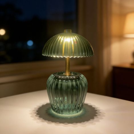 Kabellose Tischleuchte, grüne pilzförmige Tischleuchte, USB-wiederaufladbare LED-Tischleuchte, Nachttischlampe, Glas-Timer, Notleuchte (1/3)