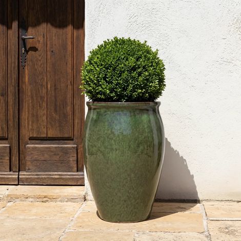 Pot grande taille d'extérieur BACCHUS 36x52cm vert tropical, fait main en terre cuite émaillée, résistant au gel