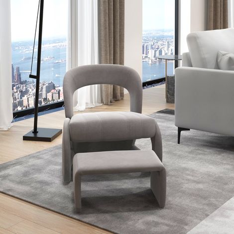 Fauteuil avec Pouf Ensemble de Fauteuil en Velours Rembourré et Pouf avec Dossier Courbé Ouvert et Siège Rembourré en Éponge Gris (1/2)