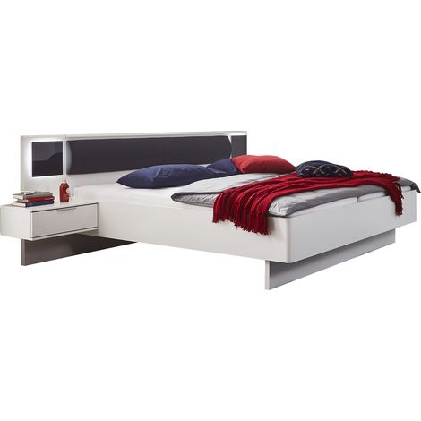 Lit adulte double 180x200 cm + 2 chevets coloris blanc/graphite - Longueur 289 x Profondeur 210 x Hauteur 92 cm -PEGANE- (1/3)