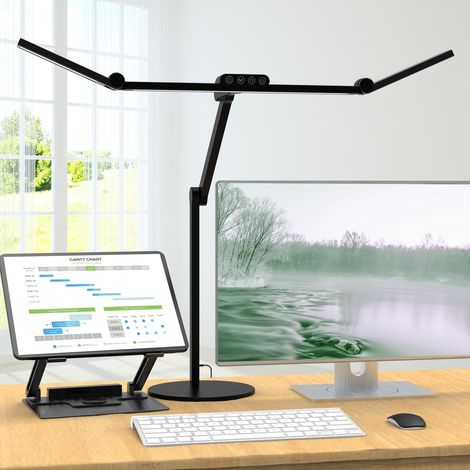 1500LM Lampe de Bureau LED avec Base, 24W Dimmable Puissante 3-têtes de lampe pour Ecran pc, 5 Températures de Couleur et Luminosité Réglables, Commande Tactile, Protection des yeux (Noir) (1/5)