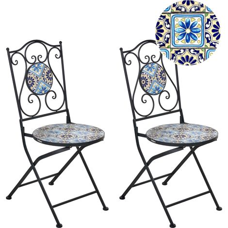 Lot de 2 Chaises de Jardin Vintage en Métal avec Plateau Motif Mosaïque Structure en Fer Noir Aggius (1/5)