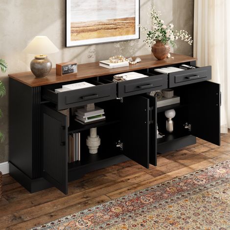 Buffet salon, 160x40x75 cm, bahut de rangement moderne avec 3 tiroirs et 4 portes à motifs rainurés verticaux, meuble d'entrée chic en MDF, Noir (1/5)