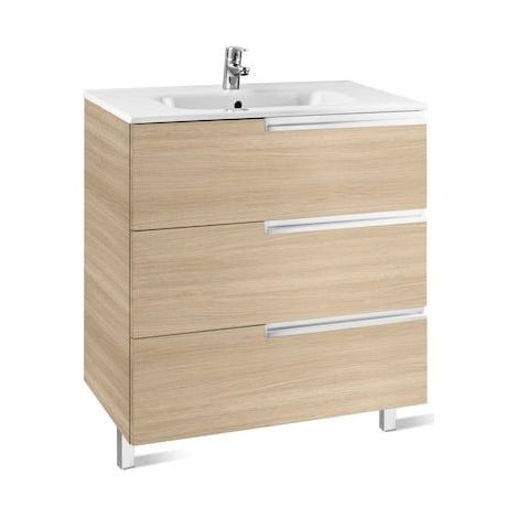 Roca – Meuble double vasque suspendu 700mm – 3 tiroirs à fermeture amortie – Lavabo en porcelaine – Finition chêne texturé (1/2)