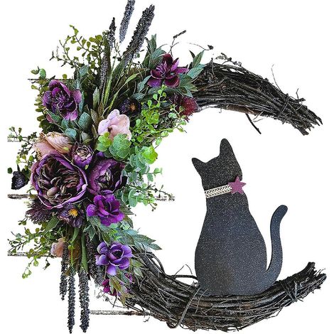 Couronne de chat lunaire pour Halloween, décorations de porte, brindilles, chatons, fleurs artificielles, couronne en forme de chat lunaire - A3 (1/5)