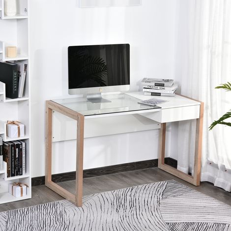 Mesa de Ordenador Mesa de Escritorio Diseño Moderno con Tablero de Vidrio Templado Cajón Combinación de Estilos para Oficina Estudio 120x60x75 cm Blanco (1/5)