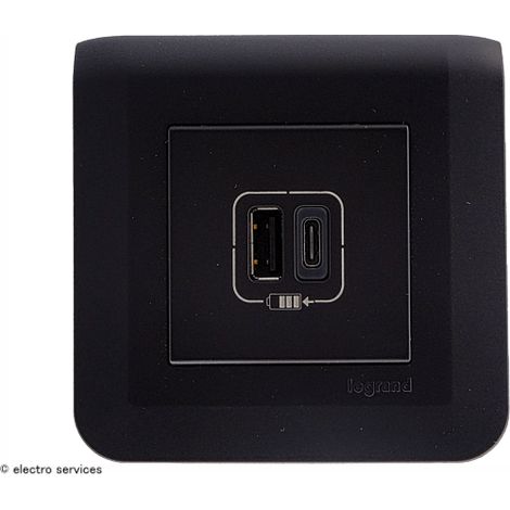 Prise Double chargeur USB Type-A + Type-C Mosaic Legrand Noir complet Griffes: Sans griffes