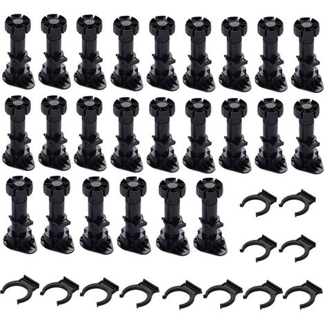 Lot de 24 pieds de meuble réglables en plastique, noirs, avec fixation par clip, pour meubles de cuisine, armoires et canapés (60 mm - 80 mm) (1/5)