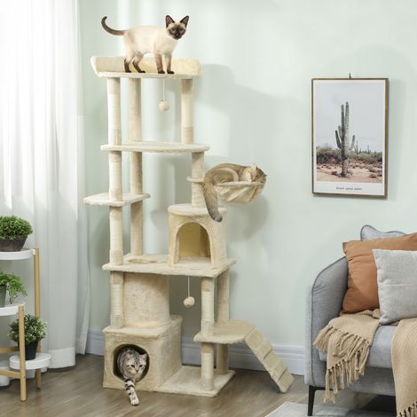 Arbre à chat géant, 170 cm de haut, avec 7 poteaux, 1 tunnel, 3 plateformes, 2 grottes et 1 hamac, beige (1/5)