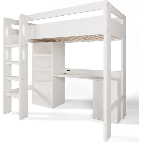 Letto a soppalco per bambini 90x200 bianco con scrivania USB-C, armadio e spazio contenitivo HOMVRA (1/5)