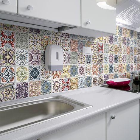 Sticker Mural Carrelage adhésif Cuisine Salle de Bain - 60 STICKERS CARREAUX DE CIMENT AZULEJOS YANNEL - 60stickers10x10cm (1/5)