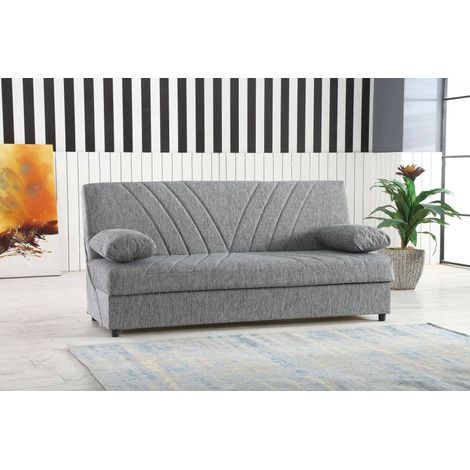 Dmora - Sofá cama Dmalama, Sofá cama contenedor de 3 plazas con 2 cojines incluidos, Sofá de salón en tela acolchada con apertura clic-clac, 181x81h88 cm, Gris (1/5)