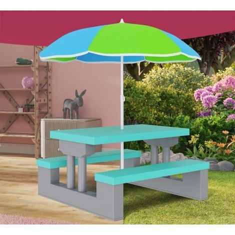 Table, bancs et parasol pour enfants Bleu et vert (1/4)