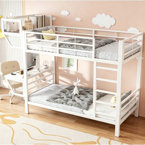 MODFU – Cama alta 90x200 cm de metal/madera con escritorio, estantes y somier de láminas, carga 120 kg – Blanco (1/5)