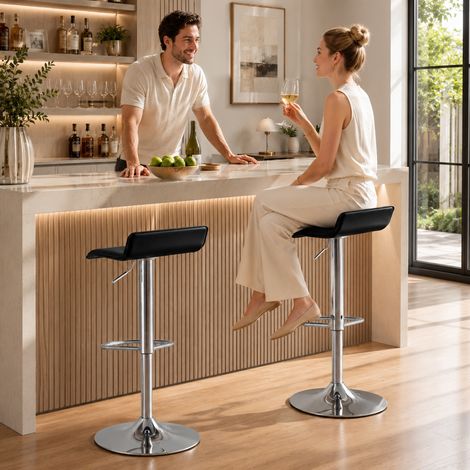Tabouret de bar pivotant à 360° avec structure en acier argenté, chaise de cuisine réglable en hauteur avec repose-pieds, noir (1/5)