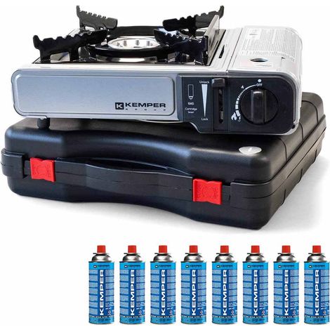 Kemper – Réchaud à gaz 2200W – 1 feu butane avec 8 cartouches – Détendeur de pression double sécurité – Allumage piezo – Autonomie 1h30