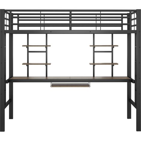 Litera alta de metal negra 90 x 200 cm con escritorio y 2 estantes (1/5)