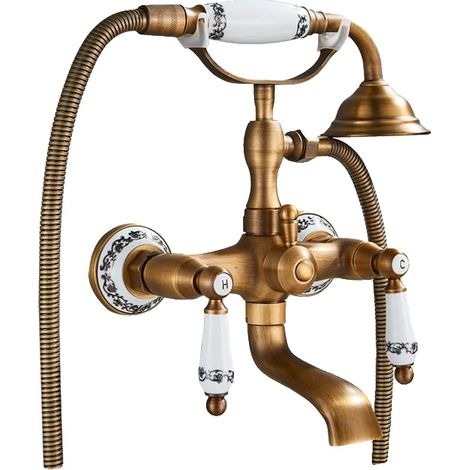 Robinet de baignoire avec douche, double boutons, douchette, Laiton ancien B (1/2)