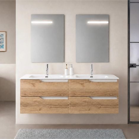 Mobile bagno sospeso 120 cm quercia e bianco due cassetti e doppia vasca Sumya (1/5)