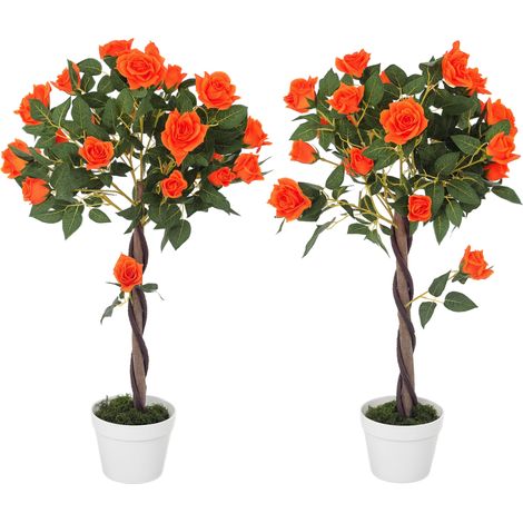 Pianta Finta di Rosa da 21 Fiori con Vaso Riempito in Cemento e Muschio, Ø18x90 cm, Arancione