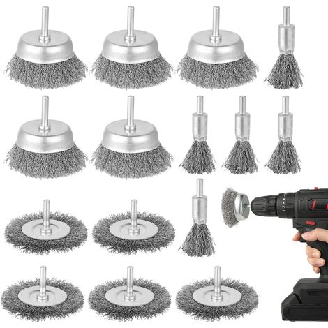 15 Pièces Brosse Métallique Pour Perceuse - Brosse Laiton 6 mm (1/4 Pouce) - Brosse Perceuse, Brosse Visseuse, Fil D'acier Ondulé, Pour Polir, Poncer, Décaper, Ébarber, Éliminer Rouille, Corrosion (1/5)
