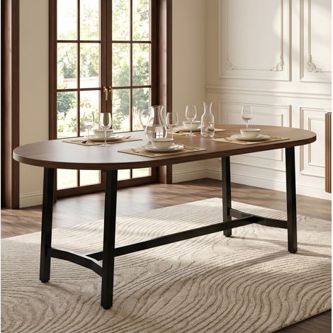 Mesa de comedor de 180x80 cm para 6 a 8 personas, esquinas redondeadas, estilo sencillo, patas de metal, color nogal (1/5)