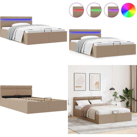 Giroletto Idraulico con LED Cappuccino Similpelle 140x200cm - Letto con scomparto - Letto matrimoniale