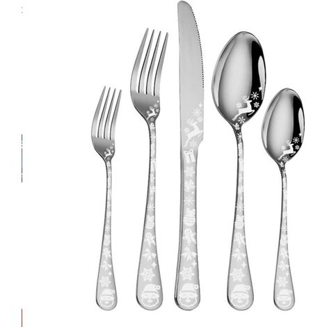 BelleRise - Ensemble de couverts de Noël 5 pièces en acier inoxydable, décoré de flocons de neige et de cerfs, couleur argent. (1/5)