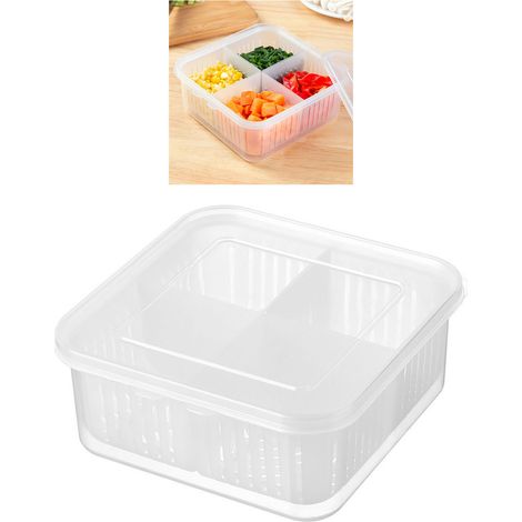 Kühlschrank-Organizerbox mit 4 Fächern und Abtropfdeckel für Gemüse, Ingwer, Knoblauch, PP, 16,5 x 15,5 x 7 cm (1/5)