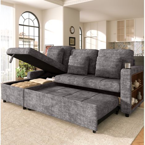 Schlafsofa 3-Sitzer 201,3/126,1/86,1 cm Grau aus Chenille mit Bettkasten und Getränkehalter (1/5)