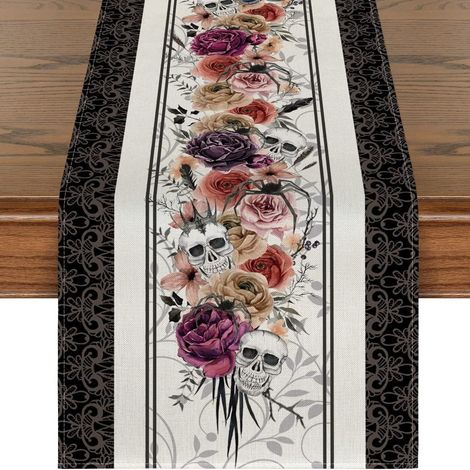 Chemin de table mexicain pour la Fête des Morts, motif floral et crânes, décoration d'Halloween pour salon et meuble TV - 30 x 180 cm (polyester) - WSJZQ-27