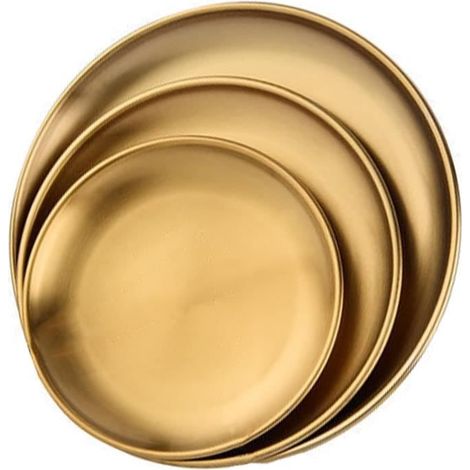 Lot de 3 plateaux ronds en laiton doré, acier inoxydable alimentaire, 20 cm / 23 cm / 26 cm, plateau traiteur et décoratif pour intérieur (1/4)