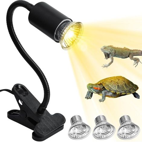 Lampe Chauffante Tortue Terrestre, Lampe Reptiles et Amphibiens avec 3 Ampoules Basking Spot UVA(Une unité de 25 watts et deux unités de 50 watts), Lampe à Pince Pivotante à 360, pour Serpent, Lézard, (1/5)
