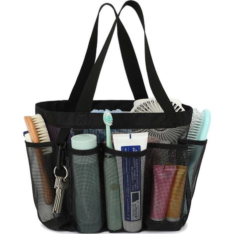 Sac de rangement de bain portable Irovami grand format avec 7 poches latérales et 1 compartiment principal en filet noir (1/5)