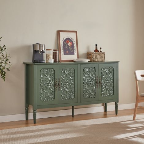 Buffet vintage vert avec sculptures en relief, grand rangement, bords arrondis 160x40x89 cm (1/5)