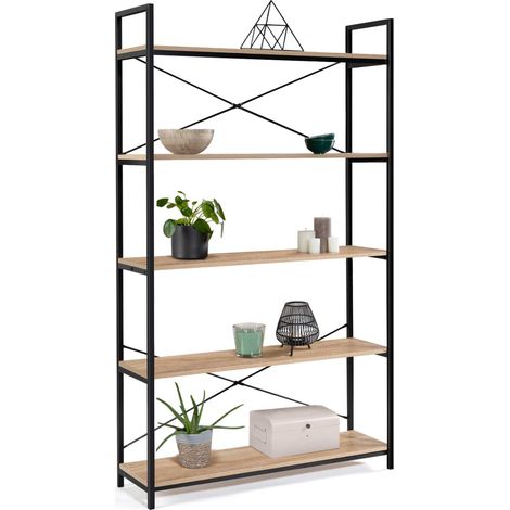 Idmarket – Etagère 5 niveaux en bois et métal noir – Hauteur 170 cm – Longueur 100 cm – Style industriel – Pour rangement déco