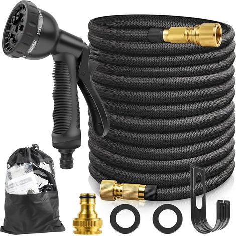 Tuyau Arrosage Extensible 15m/50ft, Tuyau d'Arrosage Flexible avec 8 Types De Jets, Tuyaux d'Arrosage Avec Raccords En Laiton Massif Et Noyau En Latex à 4 Compartiments, Tuyau d’Eau Réglable (1/5)