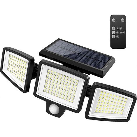 Projecteurs solaires extérieurs 2500 lm, 210 LED, éclairage de sécurité avec télécommande, 3 têtes avec détecteur de mouvement, étanchéité IP65, faisceau large 270° pour mur. (1/5)