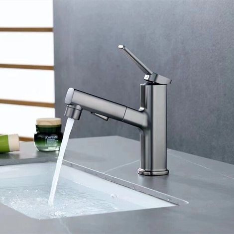 Ineasicer Robinet Salle de Bain Gris avec Douchette Extractible, Robinet Mitigeur Lavabo 3 Modes D’écoulement D'eau Robinet Lave Main Fontaine Design Elégant en Laiton (1/4)
