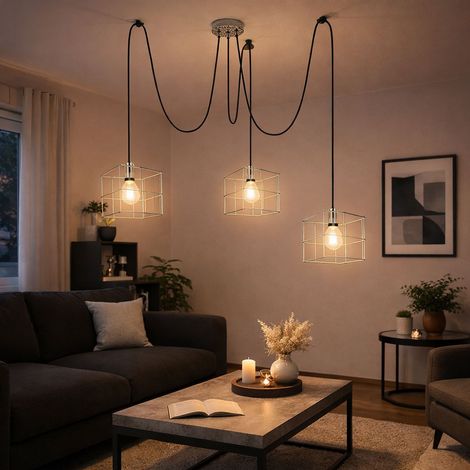 Hängeleuchte Pendellampe Deckenleuchte Wohnzimmerlampe Esszimmerleuchte, 3 Flammig, höhenanpassbar, Gitterschirme, Metall zink, E27, D 20 cm