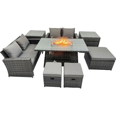 Fimous Outdoor Love Sofa Set 7 Seat Rattan Garden Furniture Set with Gas Firpit Dining Table 3 Footstools 2 Side Table Dark Grey Mixed (1/5)