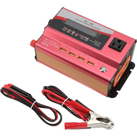 Convertisseur 12V/24V vers 110V CA, onde sinusoïdale modifiée, pour camping-car et véhicule, rouge, avec 4 ports USB, prise US et éclairage LED intégré. (1/5)