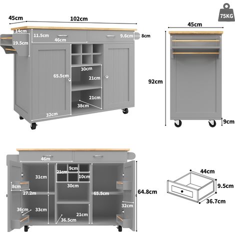 Îlot de cuisine, sur roulettes, range-bouteilles, avec rangement, en MDF et métal, gris (1/5)