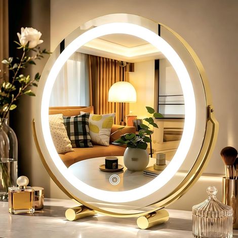 Miroir de courtoisie Rond avec lumières, Miroir de Maquillage LED 50 x 50 cm, Miroir Lumineux avec réglage de la luminosité, 3 Couleurs à intensité Variable, Tactile Intelligent et Rotation à (1/5)
