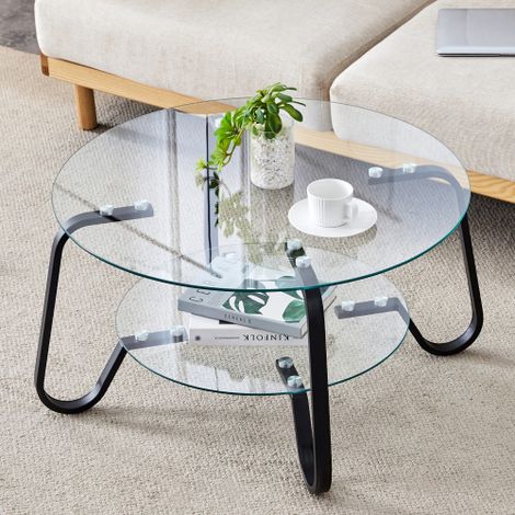 Couchtisch Glas Metall 80x80 cm, runder Couchtisch mit Ablage, gehärtetes Glas, Retro Couchtisch mit Metallrahmen, Höhe 45 cm