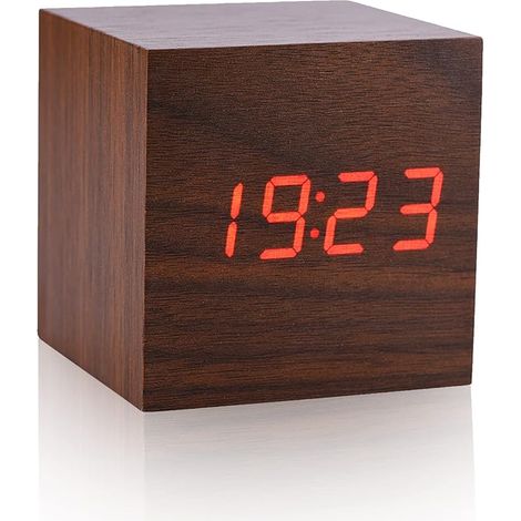 Wecker aus Holz, Mini-LED-Digitaluhr mit Temperatur-Zeitanzeige, kleine Uhr für Schlafzimmer, Wohnzimmer, Büro (braunes Holz + rotes Licht) (1/2)
