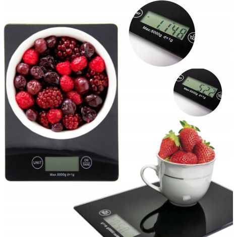 Bilancia elettronica di precisione da cucina con display LCD piatto in vetro nero, capacità 5 kg.